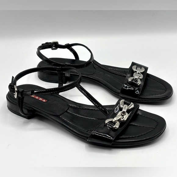 PRADA Black Patent Leather Sandals with Silver Block Chain Detail - Picture 4 of 10